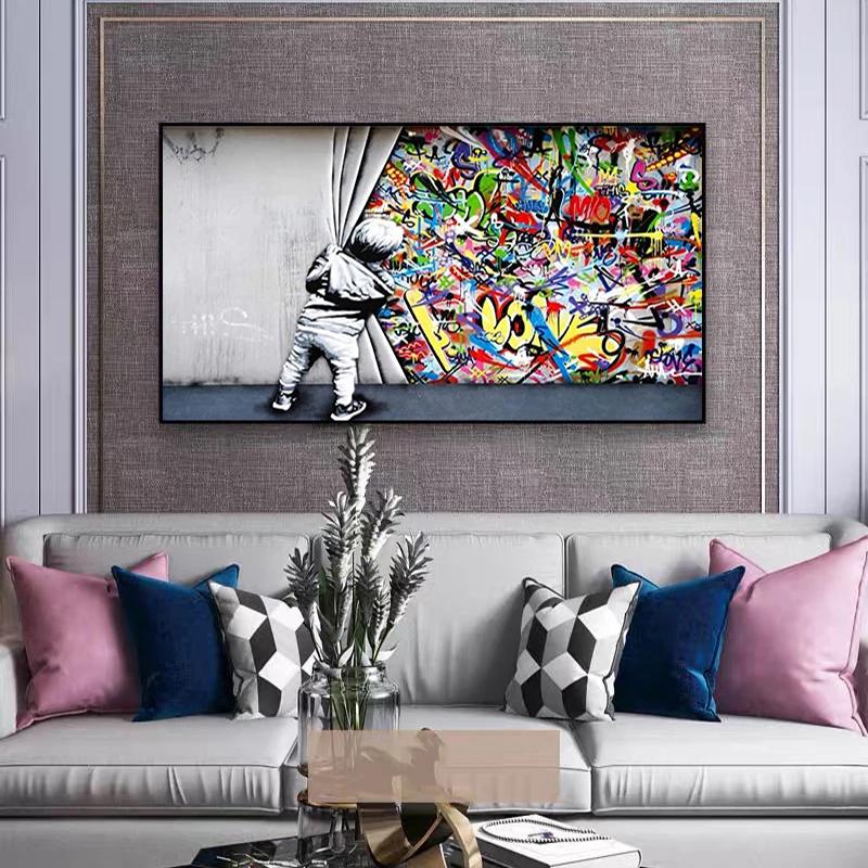 Изображение товара: Уличное искусство Бэнкси Граффити настенное искусство за занавеской картины на холсте картины настенные картины для домашнего декора (без рамки)