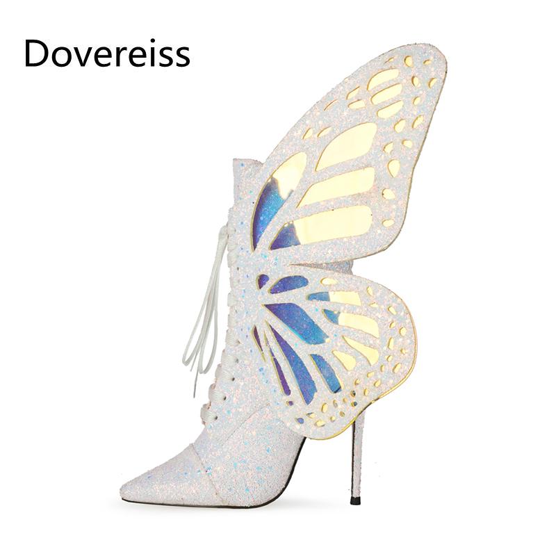 Изображение товара: Dovereiss/Модная женская обувь; Сезон Зима; Цвет белый; Пикантные короткие ботинки с острым носком, бантом, бабочкой, перекрестной шнуровкой, на шпильке; Размеры 34-47
