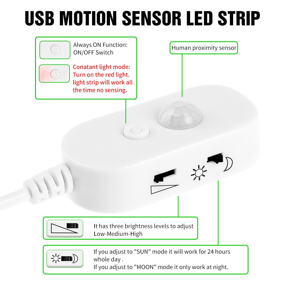 Изображение товара: 2 м 3 м 4 м 5 м полоса светильник USB под кабинет лампа светодиодный гибкая ленточная светодиодный ТВ Экран Подсветка светильник движения PIR Сенсор Tiras
