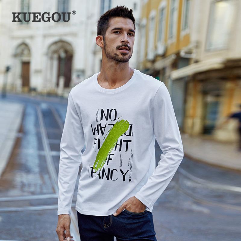 Изображение товара: KUEGOU 2022 Весна 100% хлопок печать белая футболка мужская футболка брендовая футболка с длинным рукавом футболка для мужчин размера плюс Топы 88029