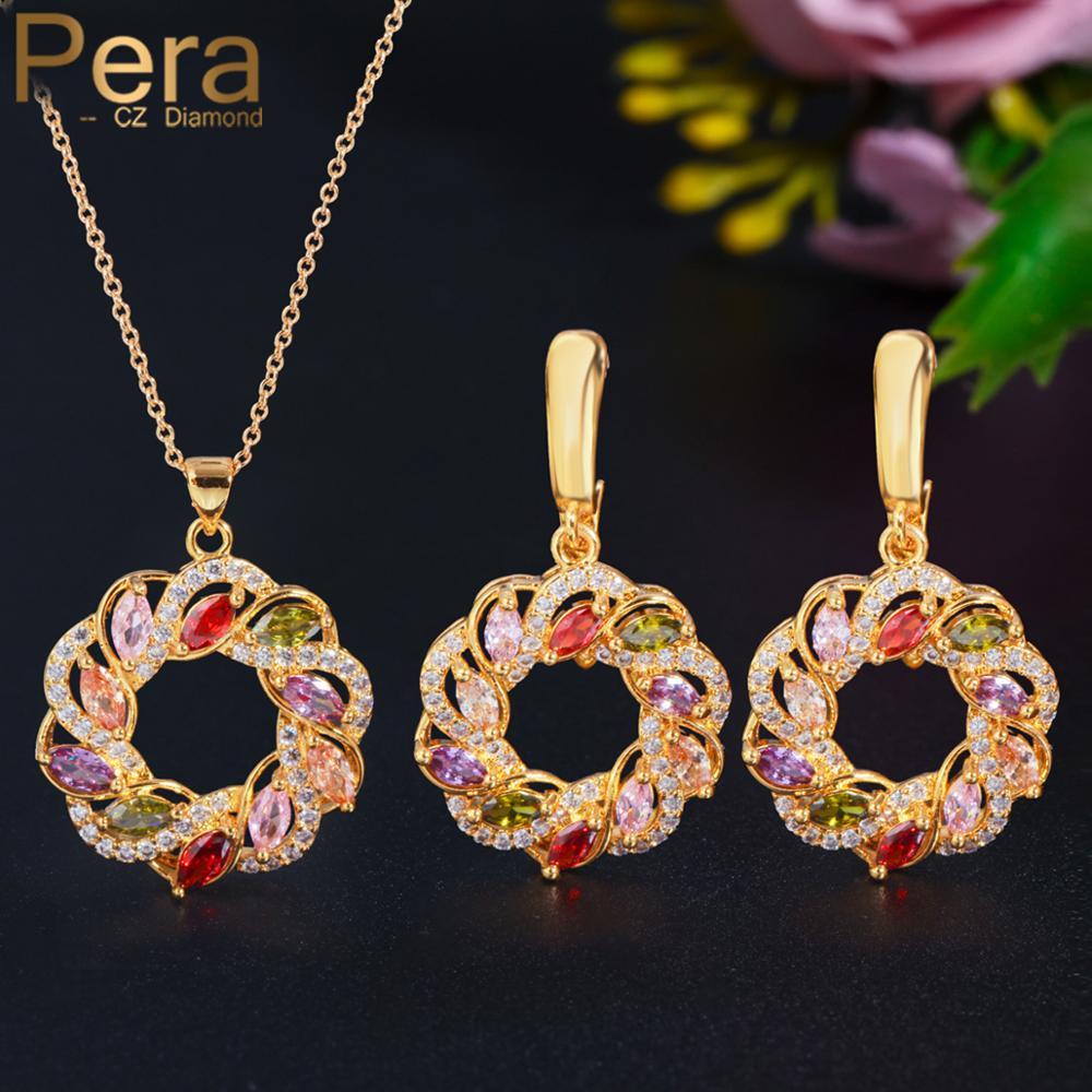 Изображение товара: Pera, новая мода, корейский стиль, разноцветный цветок, розовое золото, кубический цирконий, серьги-гвоздики, ожерелье, набор для женщин, ювелирные изделия J243