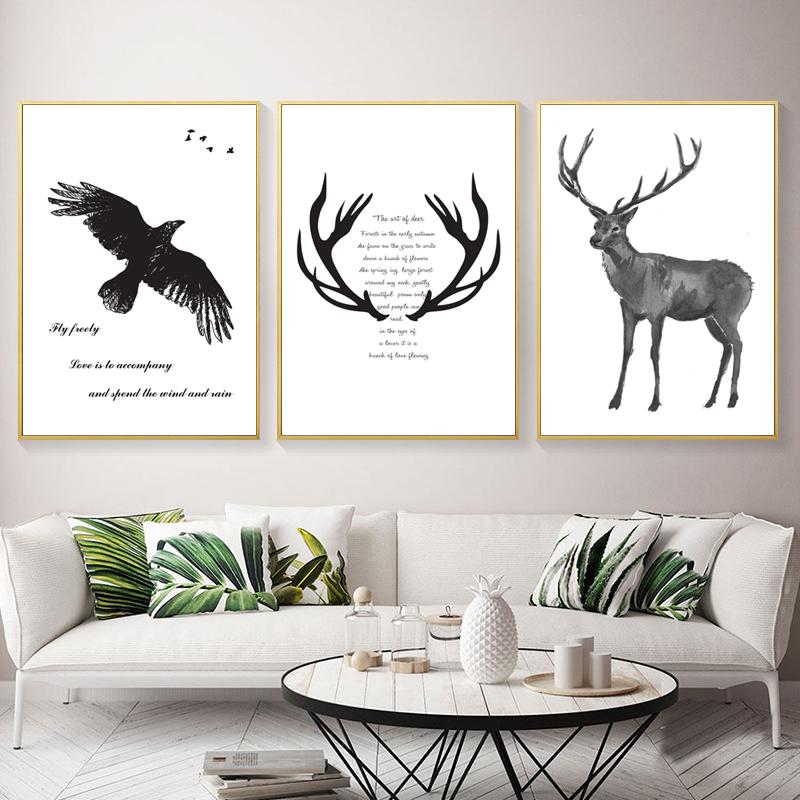 Изображение товара: Плакаты с изображением оленя и перьев, настенные художественные принты на холсте, черно-белые модульные картины для комнаты, декор для спальни, дома, гостиной