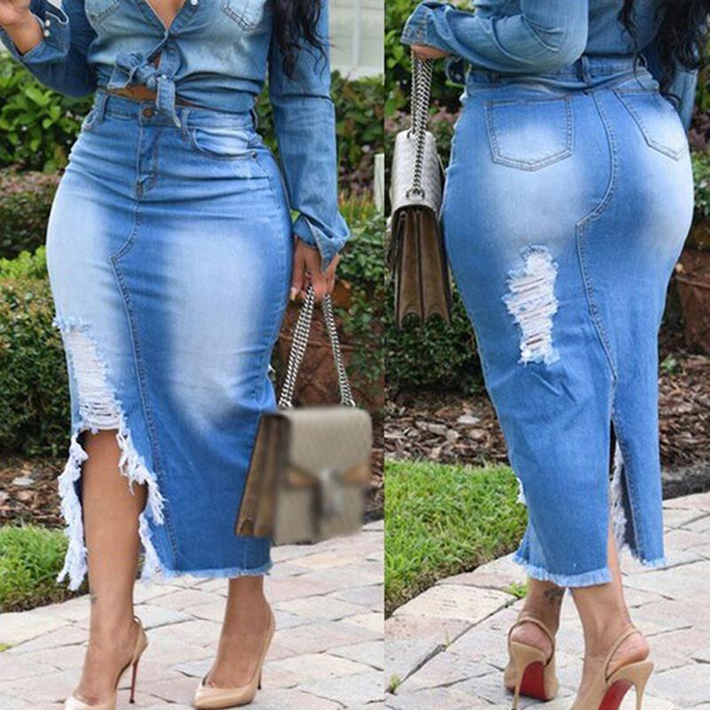 Изображение товара: Юбка-миди джинсовая женская, с разрезом, до середины икры, с карманами, винтажная, голубая, 2020