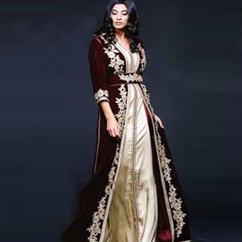 Изображение товара: Сказочное вечернее платье Caftan, марокканский бархатный кафтан с V-образным вырезом, арабское дубайское платье с длинными рукавами, Бордовое платье для выпускного вечера