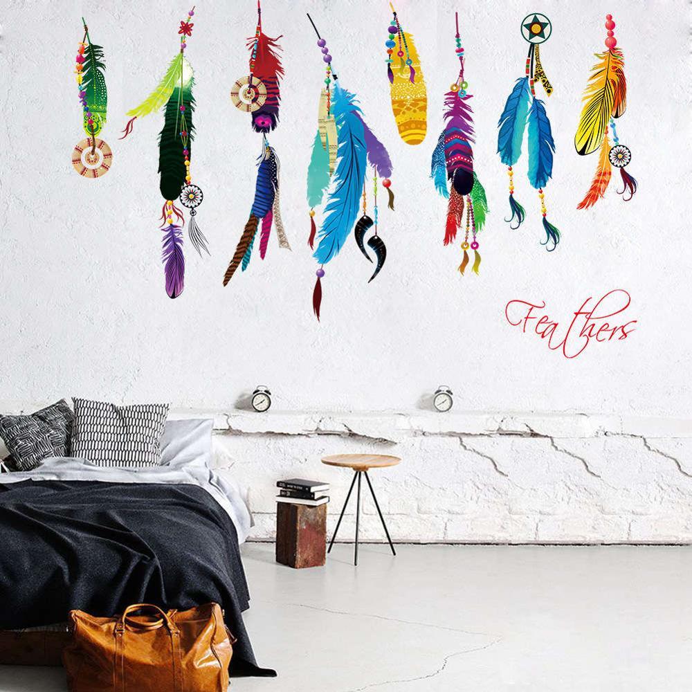 Изображение товара: 1 шт. фантастические креативные многоцветные настенные наклейки с перьями для спальни, столовой, гостиной, настенные наклейки, домашний декор, новая распродажа