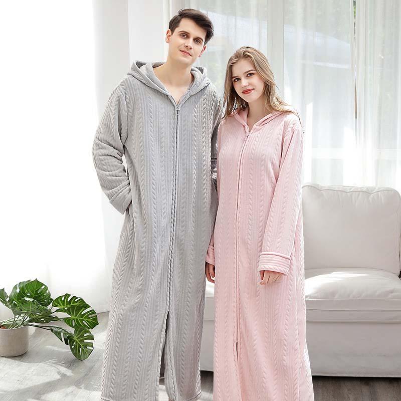 Изображение товара: Халат фланелевый на молнии для мужчин и женщин, теплый банный халат, толстая длинная Пижама, свободная пикантная ночная рубашка, Осень-зима