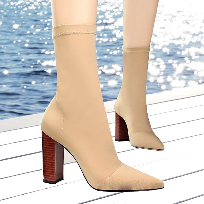 Изображение товара: Женские ботинки; пикантные эластичные ботильоны с острым носком; обувь на высоком толстом каблуке; женские носки; сезон весна 2019 года
