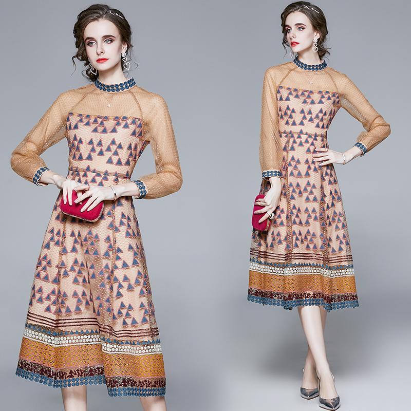 Изображение товара: JSXDHK Роскошное дизайнерское платье высокого качества, осенние женские сетчатые платья с геометрической вышивкой и длинным рукавом, винтажные Вечерние Платья Миди