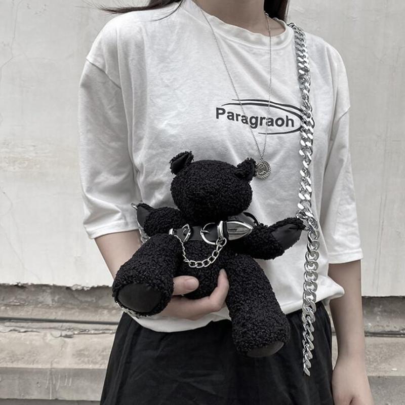 Изображение товара: Женская шерстяная сумка через плечо, маленькая сумочка с изображением рок-медведя, на цепочке
