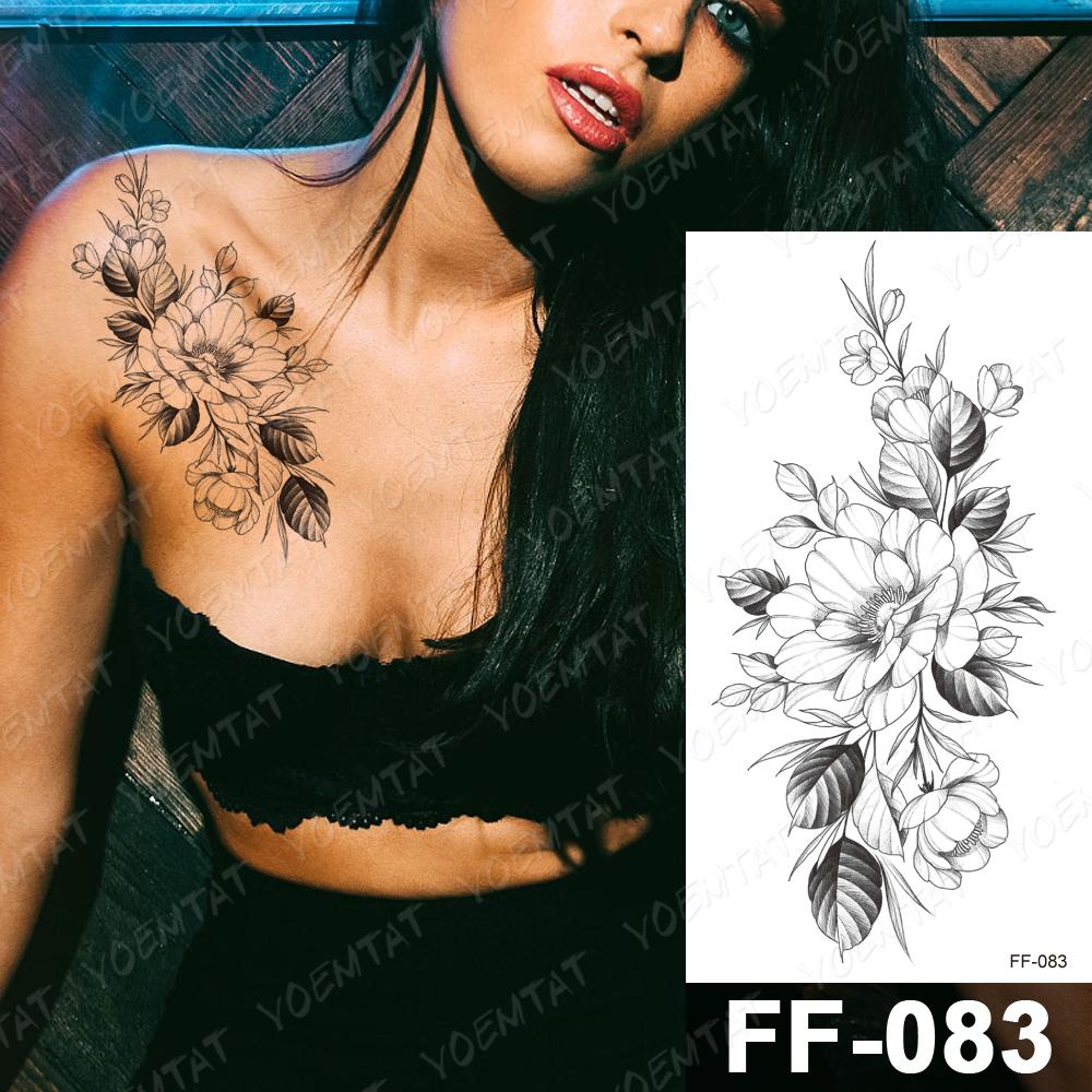 Изображение товара: Водонепроницаемая Временная тату-наклейка с цветком пиона, сливы, флэш-татуировки для женщин, черный минималистичный, линия, боди-арт, поддельные татуировки для мужчин