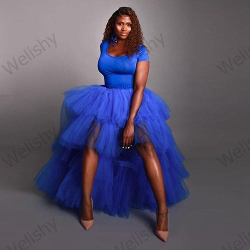 Изображение товара: Женская Тюлевая юбка с оборками, длинная юбка синего цвета с высокой талией и молнией на талии