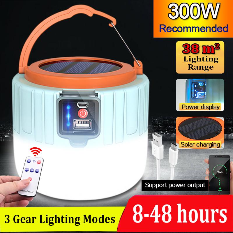 Изображение товара: Светодиодный светильник рь для кемпинга на солнечной батарее, 300 Вт, USB-зарядка, лампа для наружной палатки, портативные фонари, аварийный свет, светодиодсветодиодный лампы, IP65 ABS