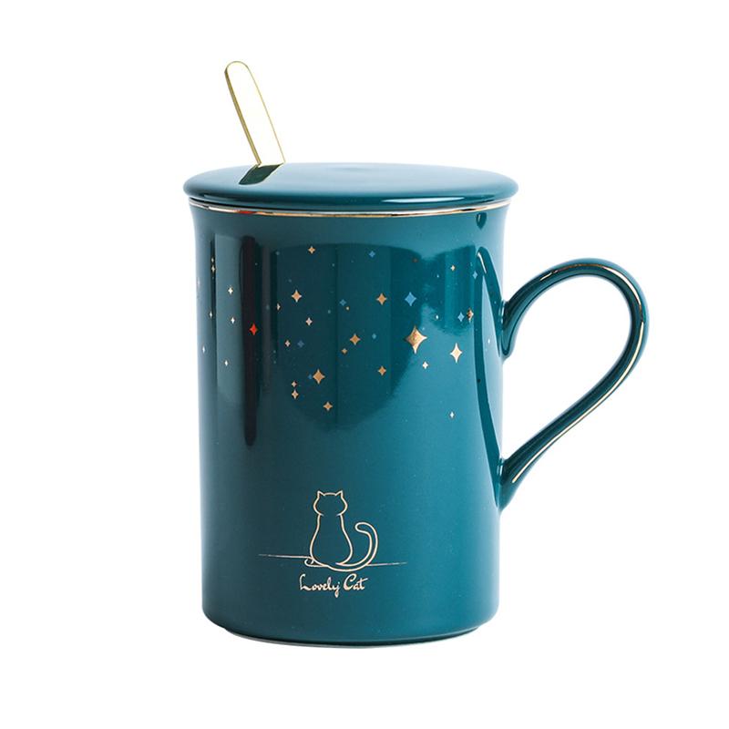 Изображение товара: Керамическая кружка с изображением кошки, звездного неба, с крышкой-ложкой, винтажная фарфоровая кружка, Цветочный чайный набор, кофейная чашка, вода Посуда для напитков молока кофе, посуда для кофе, подарок