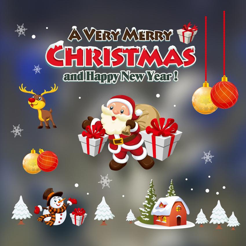 Изображение товара: Счастливого Рождества Декор наклейки Санта Клаус олень Рождественская елка со снежинками, наклейки на стену, окна украшения с утолщённой меховой опушкой, Новый год Декор