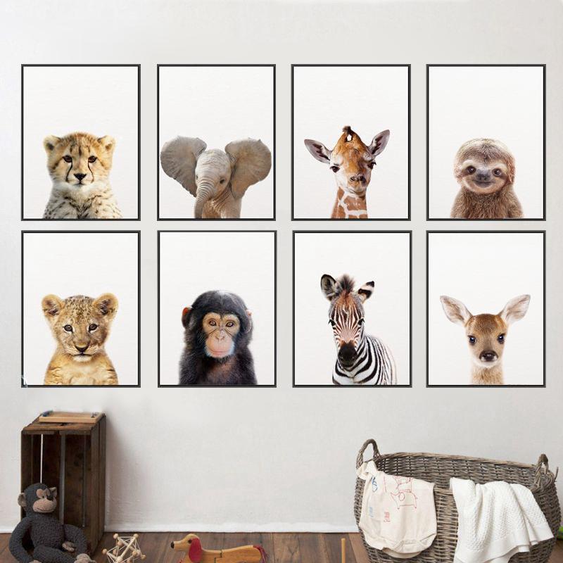 Изображение товара: Постер с изображением Льва, зебры, слона, жирафа, малышей, животных, Картина на холсте в стиле сафари, настенное украшение для детской комнаты