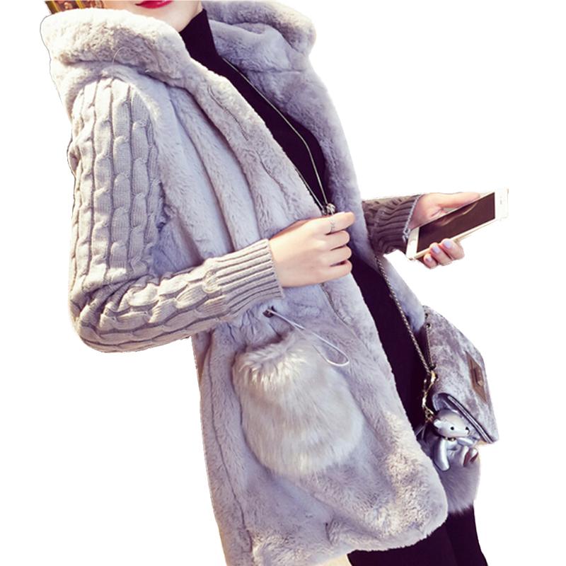 Изображение товара: Женская теплая зимняя куртка с капюшоном, Свободная трикотажная плюшевая куртка, зимняя плотная верхняя одежда, пальто для женщин, повседневные пальто с карманами