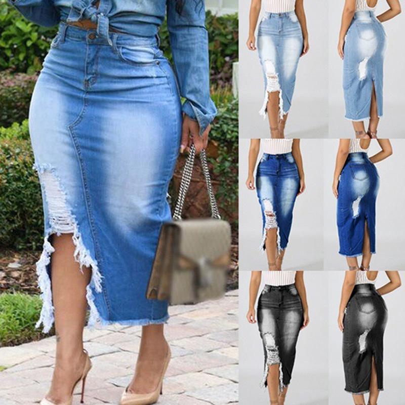 Изображение товара: Юбка-миди джинсовая женская, с разрезом, до середины икры, с карманами, винтажная, голубая, 2020