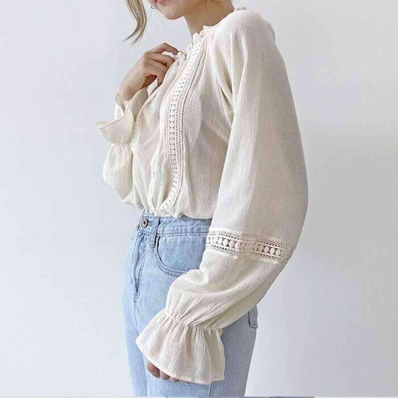 Изображение товара: Корейский шикарный Caidigan сращивающиеся рубашки с длинным рукавом кружевная милая блузка женские топы с воротником-стойкой Модные женские рубашки 2020 11776