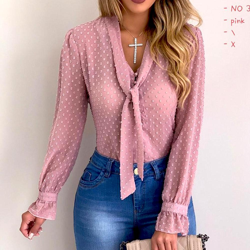 Изображение товара: Женская Офисная рубашка, Повседневная приталенная розовая рубашка с длинным рукавом и V-образным вырезом, осень-лето, размера плюс, 2020