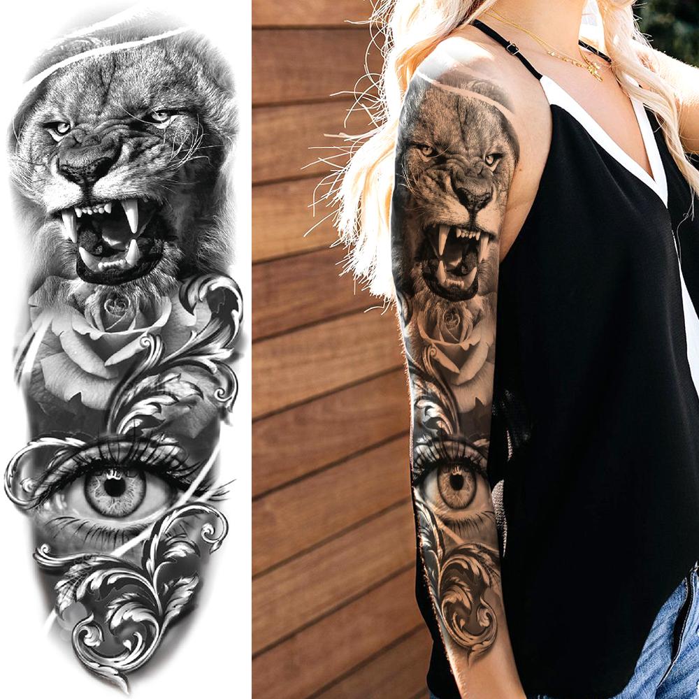 Изображение товара: Black Lion Temporary Tattoos Sleeve For Men Boy Fake Knight Tiger Full Arm Tatoos 3D High Quality Long Demon Eye Tatto Stickers