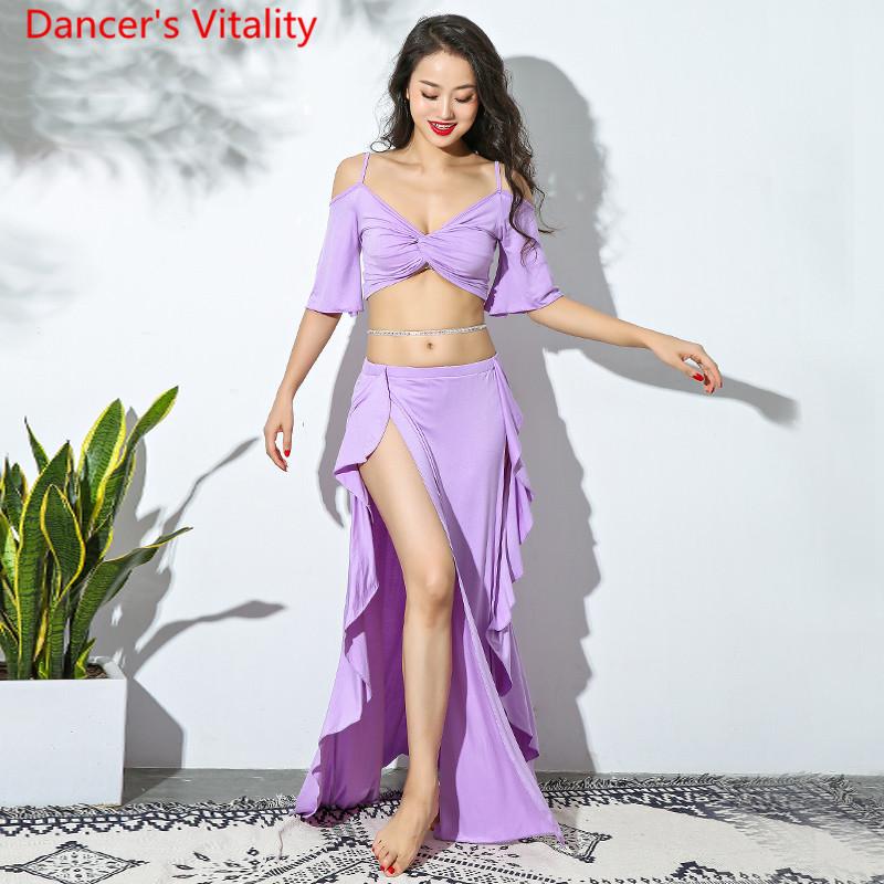 Изображение товара: Женский костюм для танца живота, длинная юбка из модала с разрезом и глубоким V-образным вырезом, костюм для тренировок