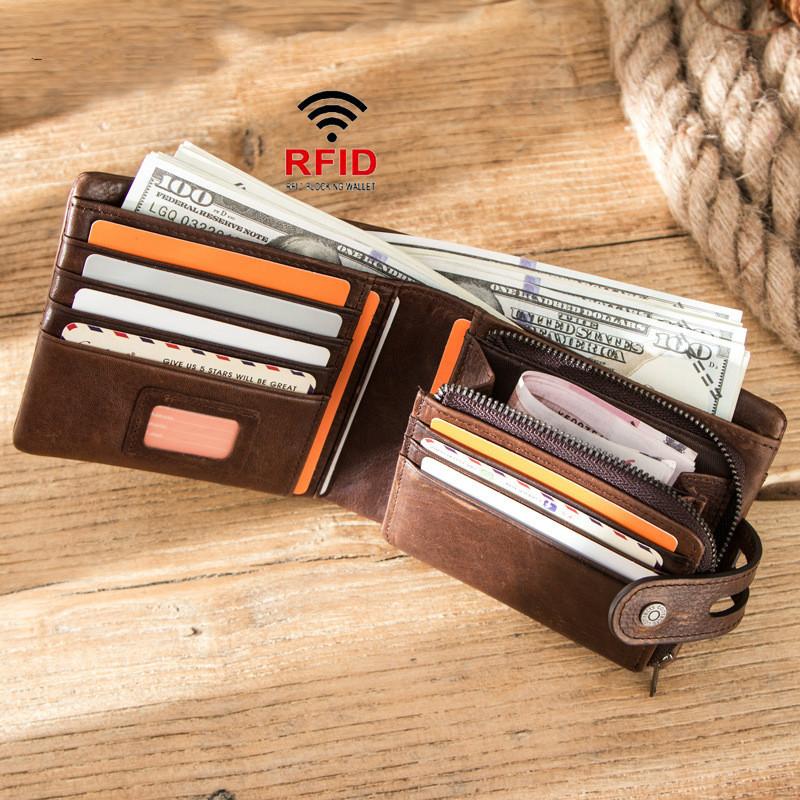 Изображение товара: Мужской бумажник из натуральной кожи GROJITOO RFID с противоугонной щеткой, трендовая Мужская сумка из воловьей кожи, многофункциональный держатель для карт, кошелек