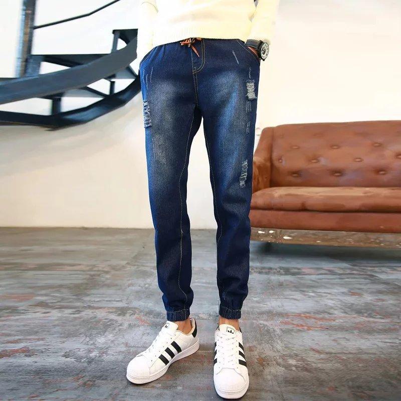 Изображение товара: Оптовая продажа 2022 мужские рваные джинсы для подростков Модные Узкие Свободные повседневные шаровары в стиле хип-хоп в Корейском стиле