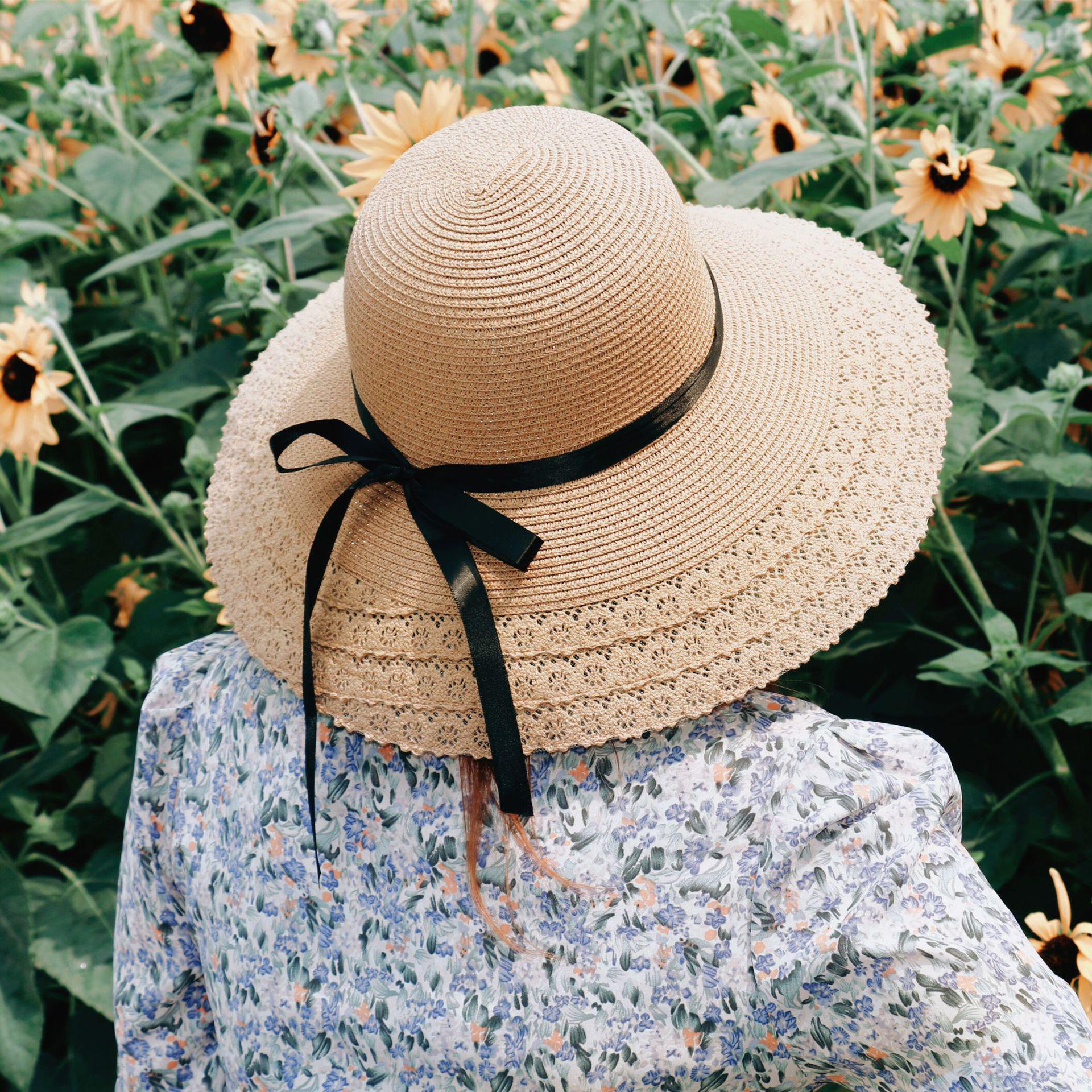 Изображение товара: Шляпа женская Соломенная с бантом и широкими полями, Повседневная Панама от солнца, для отдыха на пляже и походов, летняя