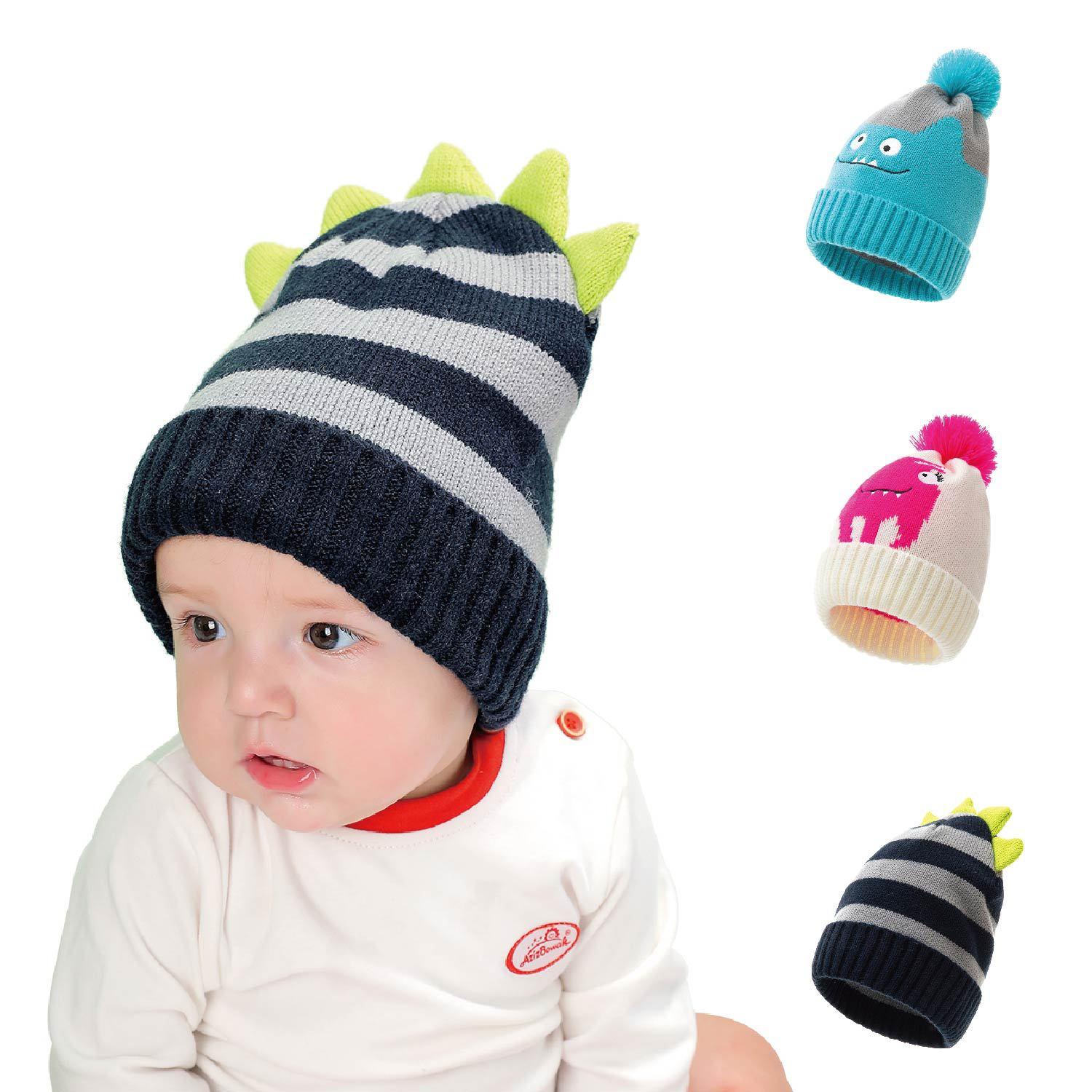 Изображение товара: Вязаная шапка для мальчиков и девочек, Осень-зима 2020, вязаные шапки с мультяшным динозавром, полосатая шапка