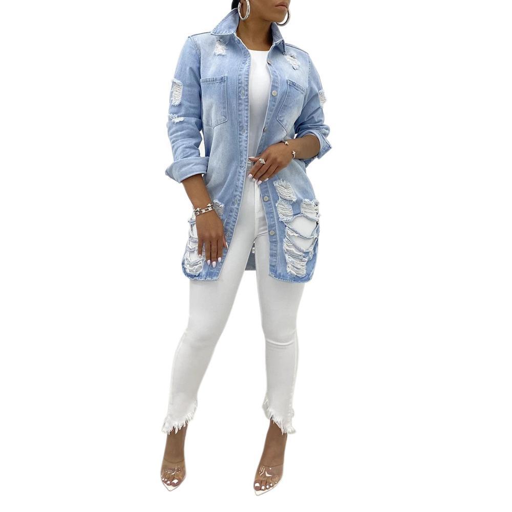 Изображение товара: Горячая Распродажа плюс размер джинсовая куртка для женщин модное рваное длинное пальто повседневная Весенняя и осенняя одежда XL-5XL Прямая поставка