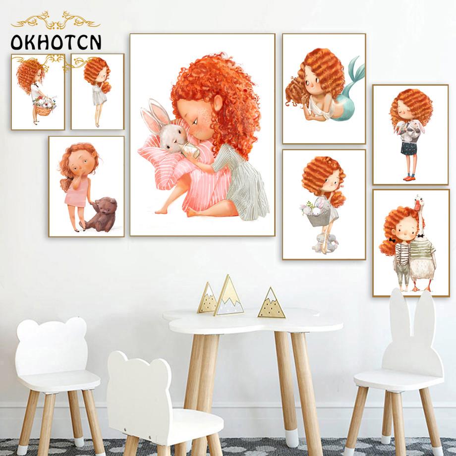 Изображение товара: Постер маленькой девочки с кудрявыми золотыми волосами и кроликом, розовая принцесса и животное, Картина на холсте для детской комнаты, Современный домашний декор