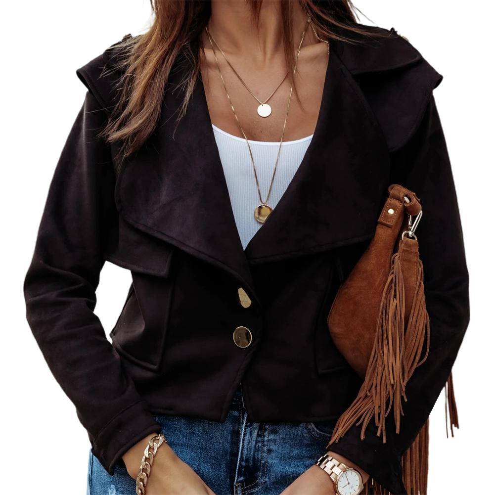 Изображение товара: Женская замшевая куртка на пуговицах, однотонная короткая куртка с большими лацканами и карманами, на осень-зиму