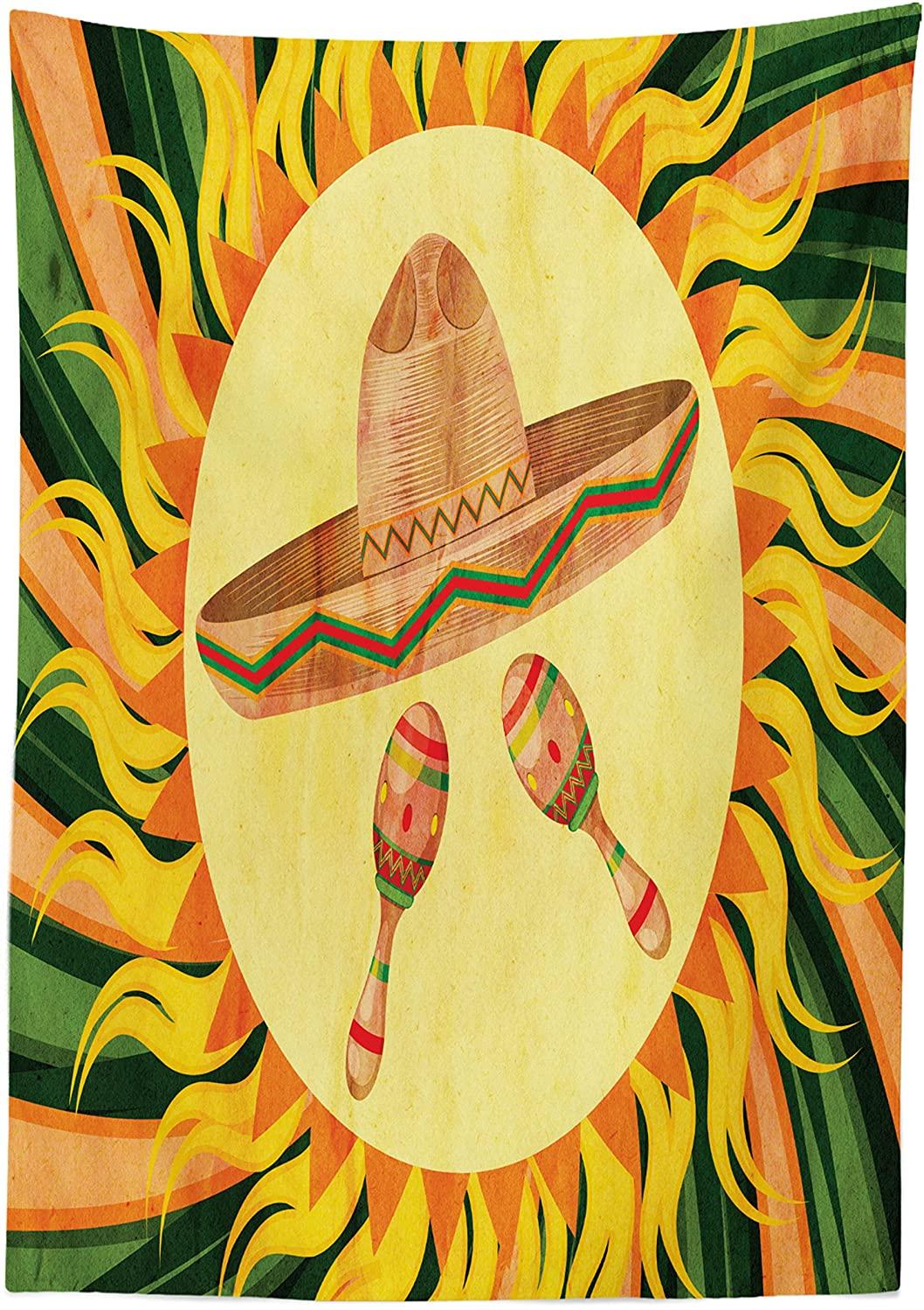 Изображение товара: Дизайнерская скатерть с мексиканскими украшениями, шляпа и Маракас в центре солнца, чехол для стола в стиле хиппи бохо на заказ