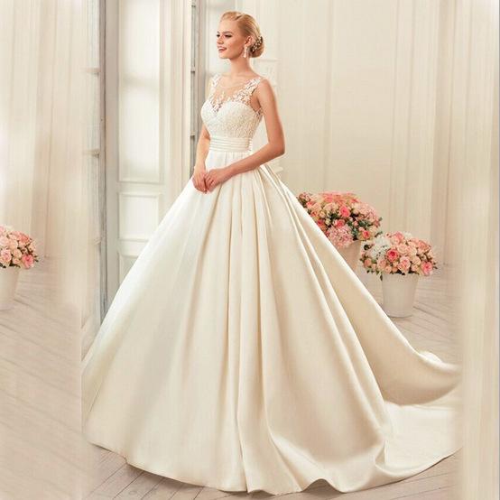Изображение товара: Женское длинное Атласное Свадебное Платье Beauty-Emily, кружевное элегантное платье невесты, вечернее платье принцессы со шлейфом для невесты, новинка на осень