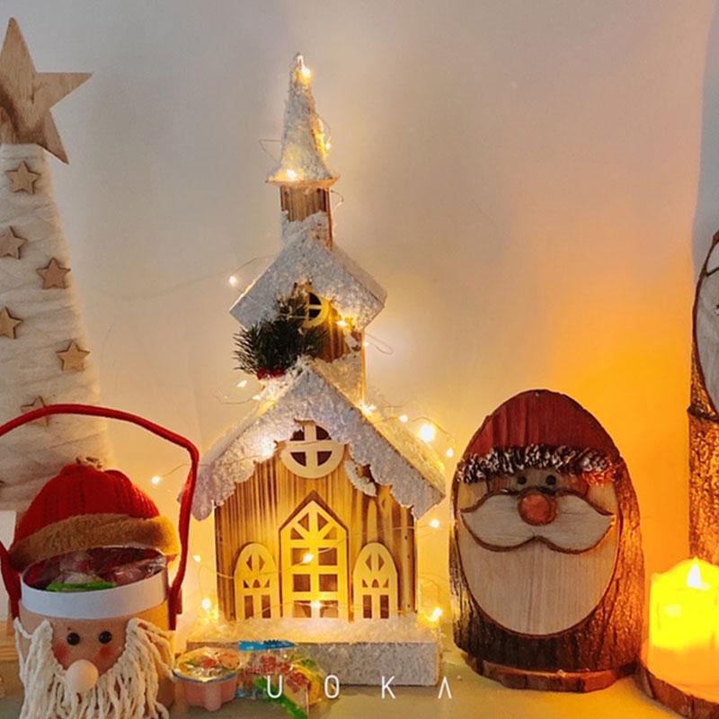 Изображение товара: Рождественское деревянное украшение, светящаяся хижина, Снежная сцена, уличный фонарь, домашний пейзаж ручной работы, рождественские подарки