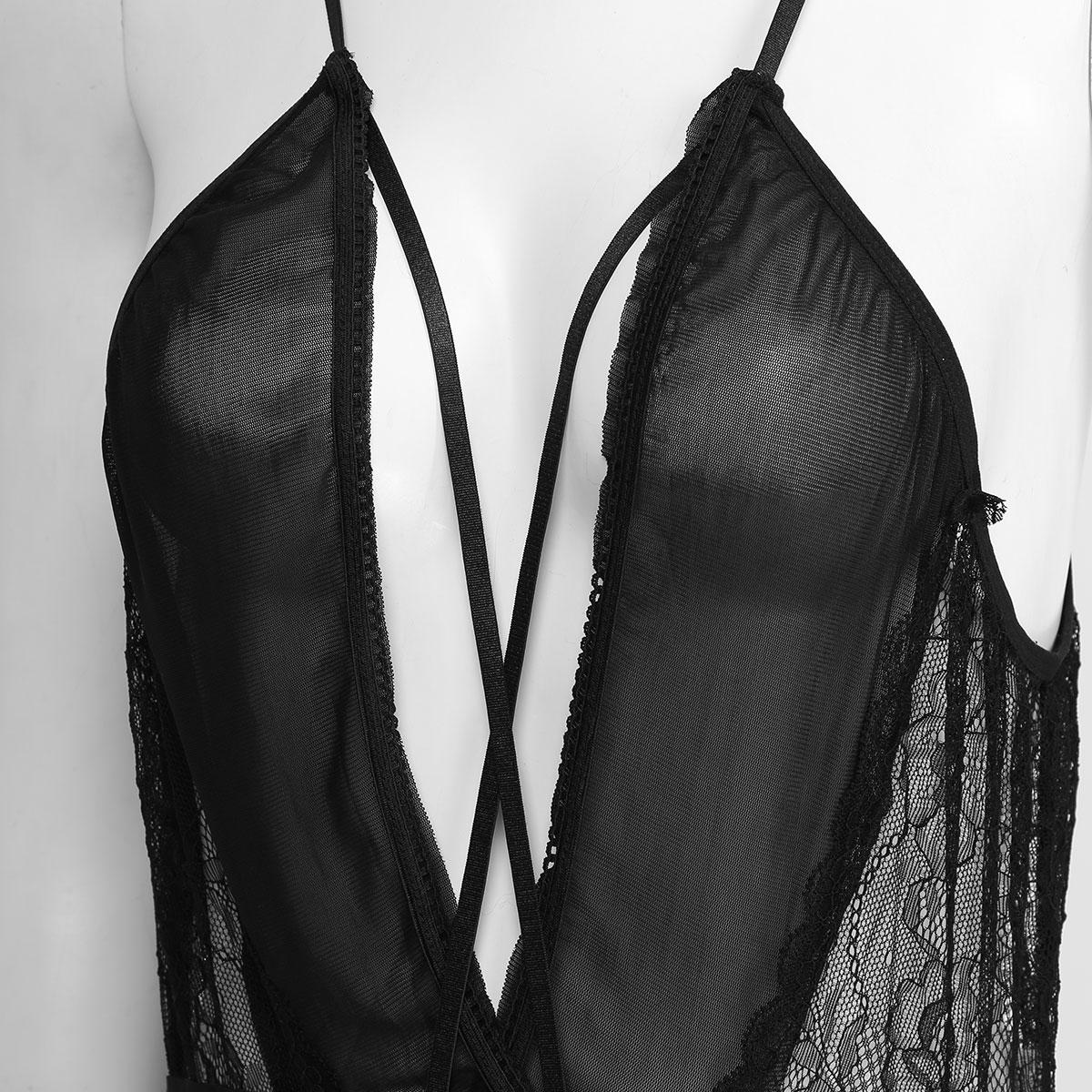 Изображение товара: Женское прозрачное кружевное нижнее белье, с глубоким V-образным вырезом, без рукавов, с открытой спиной, перекрещивающимися на спине бретелями
