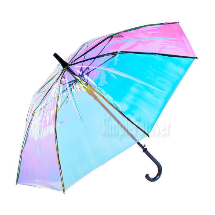 Изображение товара: Лазерный прозрачный зонтик от дождя с длинной ручкой, цветной градиентный голографический зонтик из ПВХ, зонты для путешествий на открытом воздухе