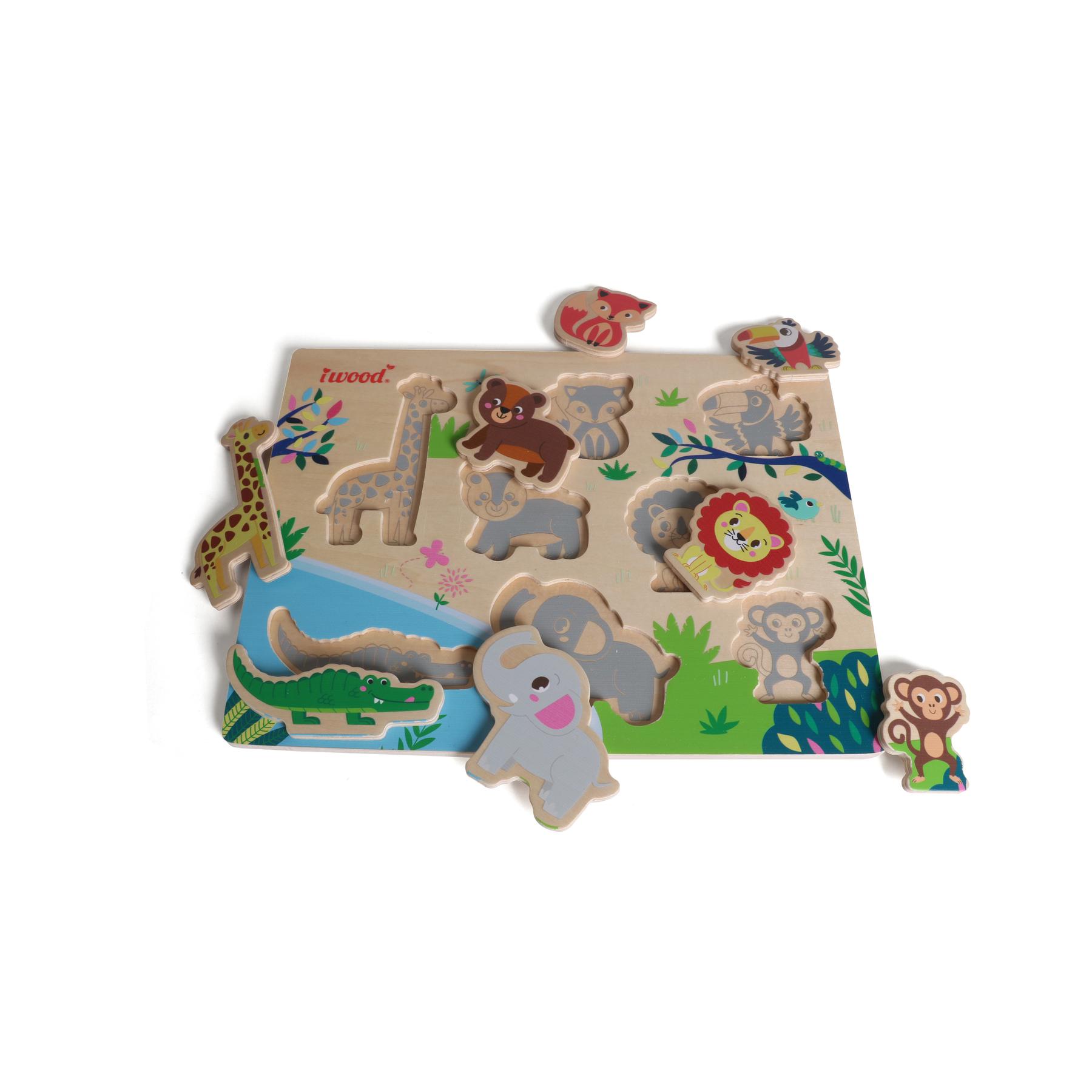 Изображение товара: Iwood-деревянная головоломка с животными в джунглях (обучающая игра для малышей, Монтессори, головоломка с животными, головоломка с животными)