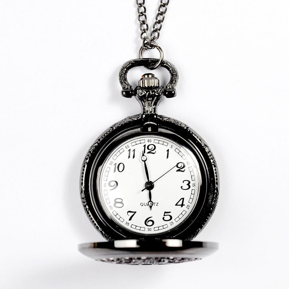 Изображение товара: 1048, прозрачные кварцевые часы с белыми цветами, винтажные классические черные большие карманные часы с ожерельем