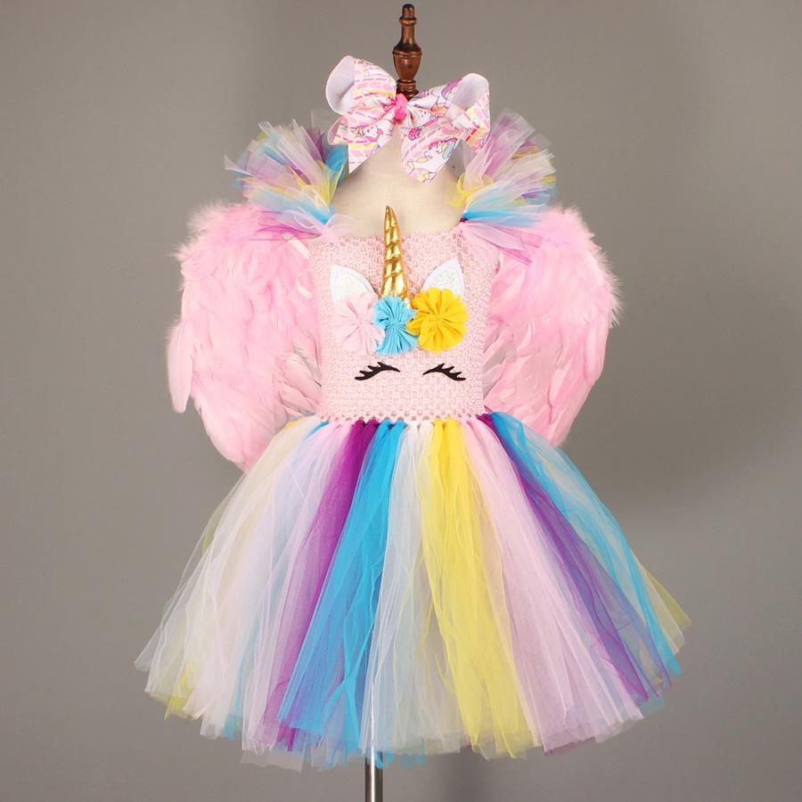 Изображение товара: Платье для девочек в стиле единорога с бантом, заколка для волос, розовые крылья, Рождественская вечеринка, платье-пачка, костюм принцессы для детей, одежда