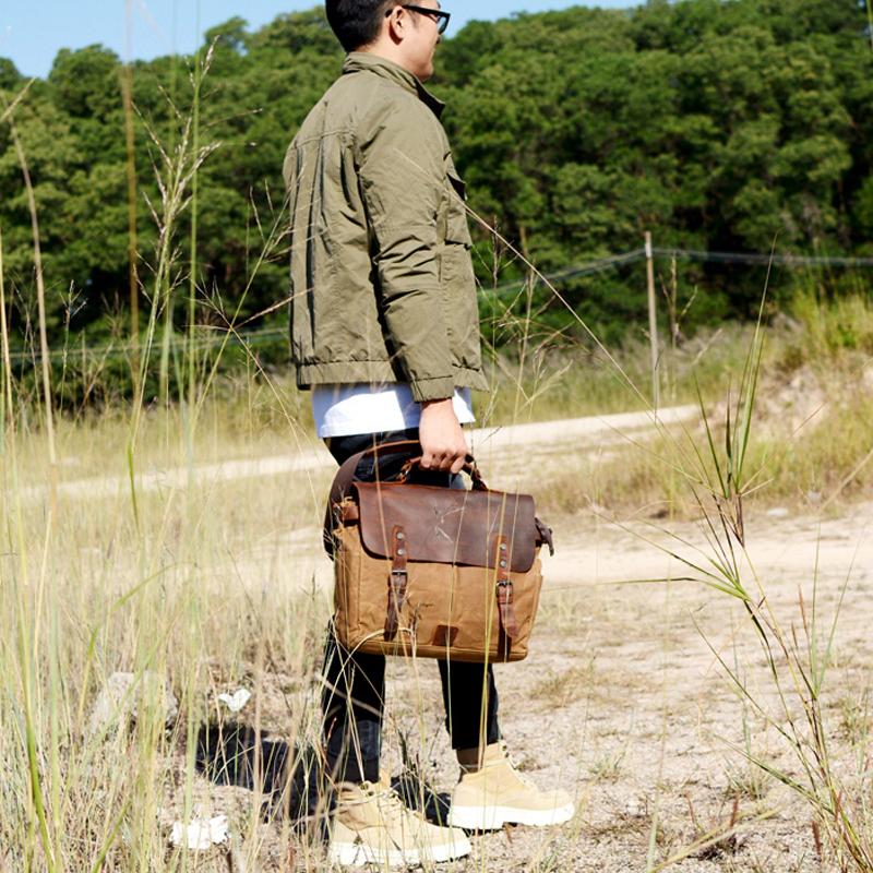 Изображение товара: Деловой портфель, мужская сумка, сумка-мессенджер, вощеная холщовая винтажная сумка, сумка для ноутбука, сумка через плечо
