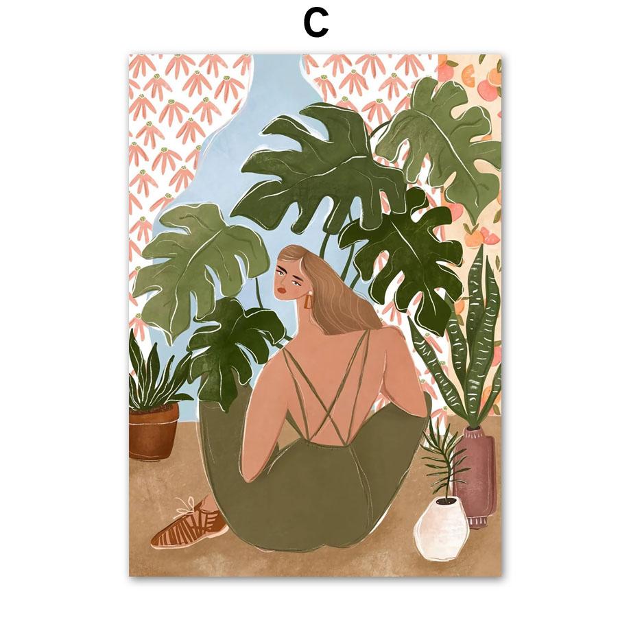 Изображение товара: Абстрактная девушка с листьями, пейзаж, настенная живопись, холст, винтажные скандинавские плакаты и принты, настенные картины для декора гостиной