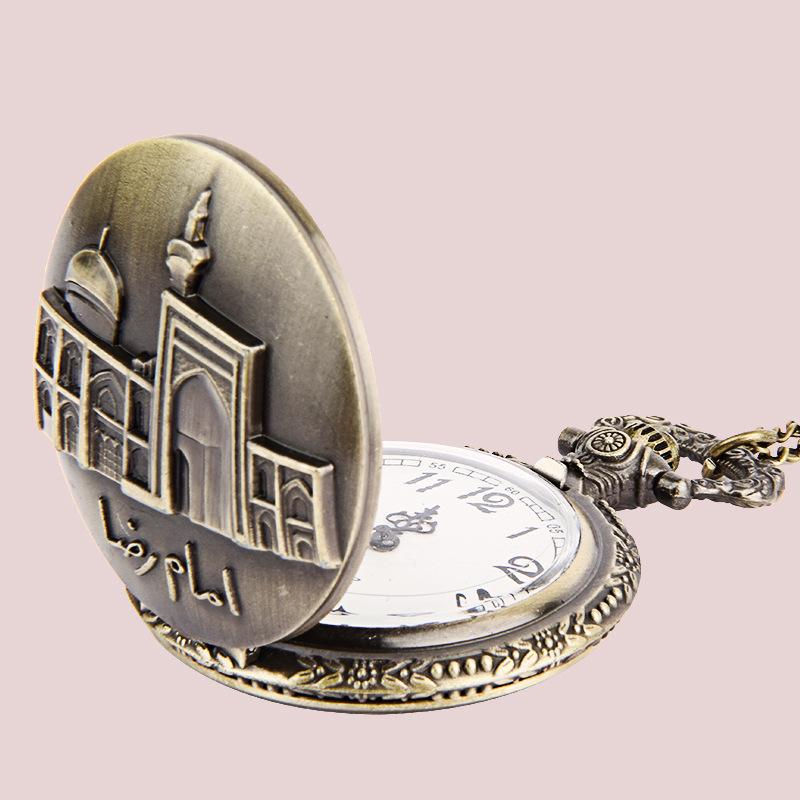 Изображение товара: Часы на цепочке для мужчин и женщин, уникальные карманные часы с ожерельем в стиле ретро, исламский замок, с бронзовой гравировкой, изысканный повседневный дизайн