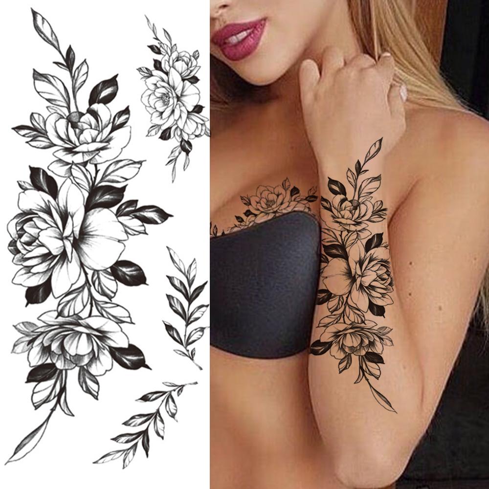 Изображение товара: Black Flower Temporary Tattoos For Women Daughter Dahlia Peony Rose Realistic Fake Tattoos Sticker Water Tone Tattos For Show