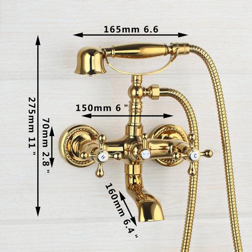 Изображение товара: Телефон Настенный с двумя ручками полированный Золотой латунный Смеситель для ванны + ручной душ 97144 смеситель для раковины для ванной комнаты