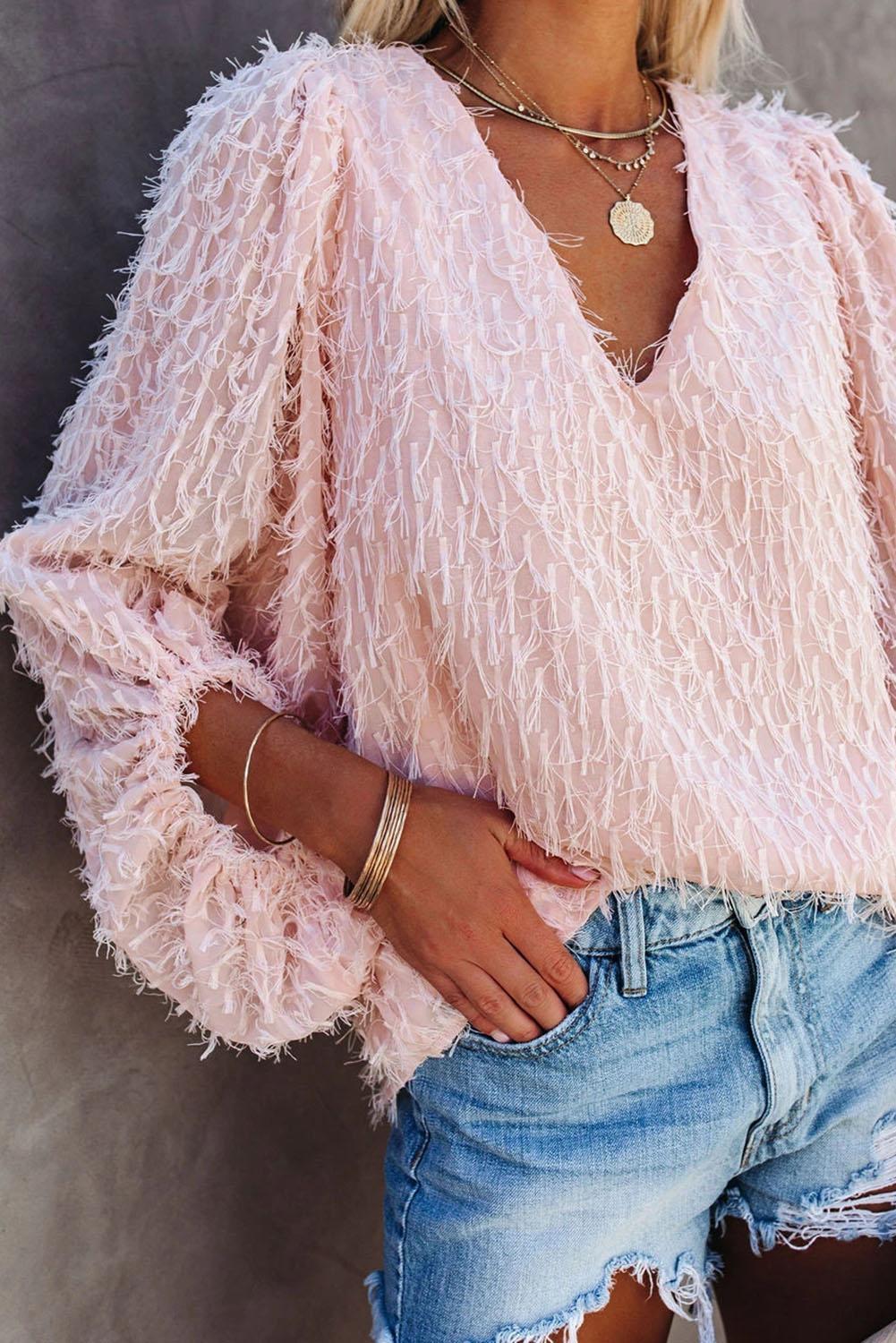 Изображение товара: Женский пуловер с V-образным вырезом, Черный/Розовый пуловер с рукавом-фонариком, осень-весна 2020