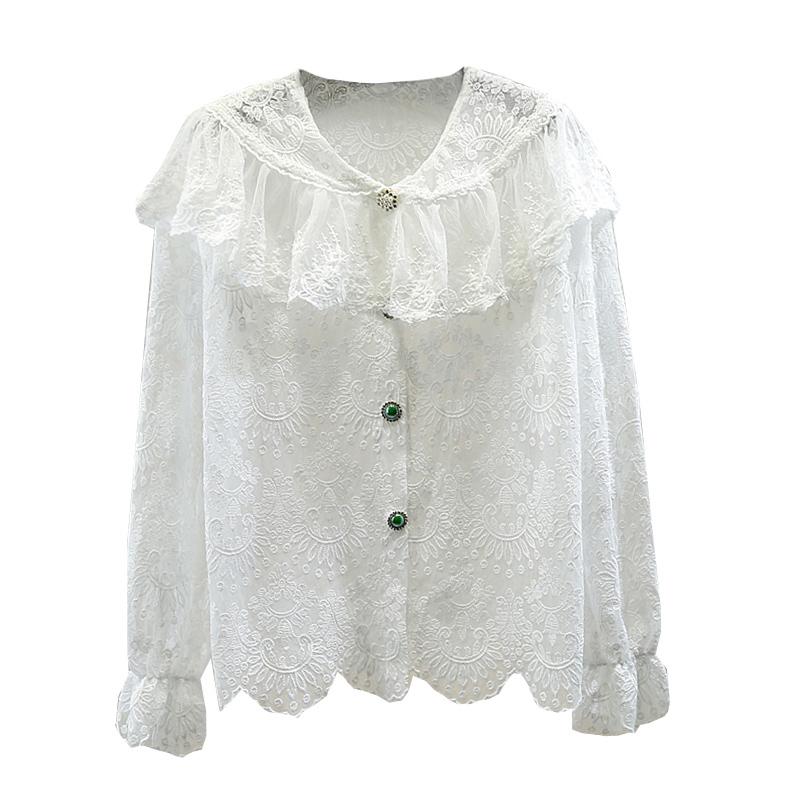Изображение товара: Женская белая кружевная блузка в винтажном дворцовом стиле, кружевная Асимметричная однобортная рубашка с гофрированным воротником и рукавом-колокольчиком