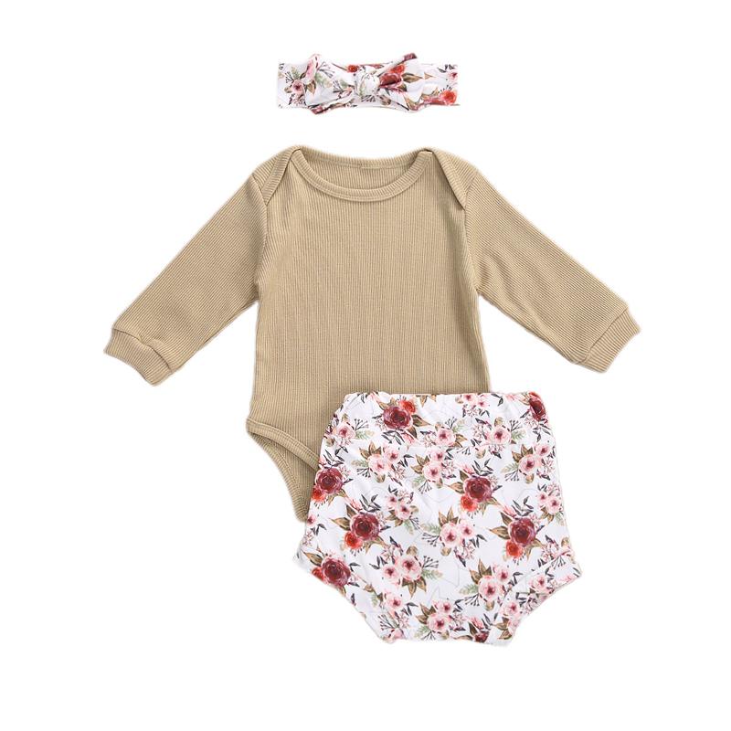 Изображение товара: Детский комбинезон из 3 предметов, штаны, костюм с повязкой на голову, однотонный комбинезон на пуговицах с круглым вырезом, комплект с брюками с цветочным принтом