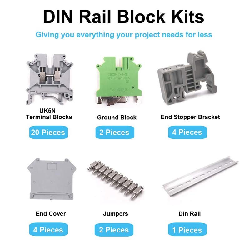 Изображение товара: Din-рейка клеммные блоки комплект, Uk5N терминал + наземные блоки + алюминиевая рейка + D-Uk торцевые крышки + E/Uk концевые кронштейны + Перемычки наборы