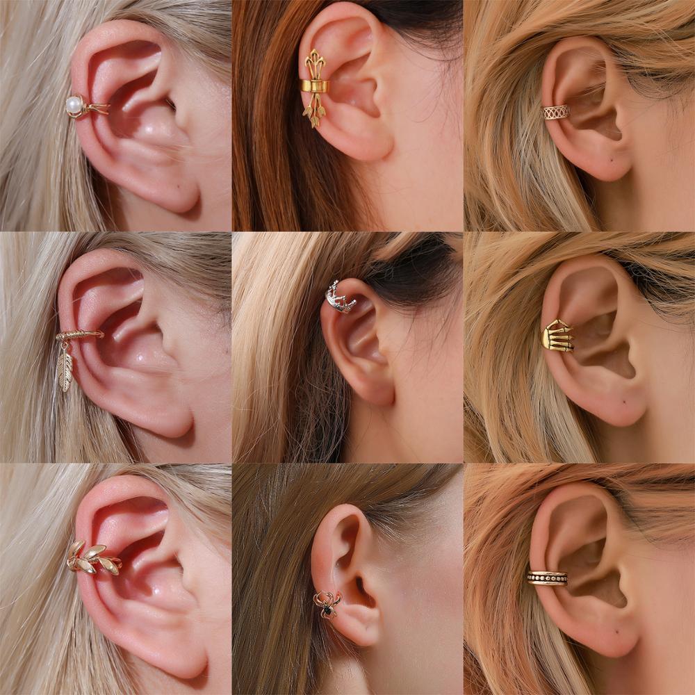 Изображение товара: Винтажные богемные золотые клипсы для ушей, женские серьги без пирсинга, серьги с перьями, звездами и луной, серьги в стиле панк, ювелирное изделие, подарок